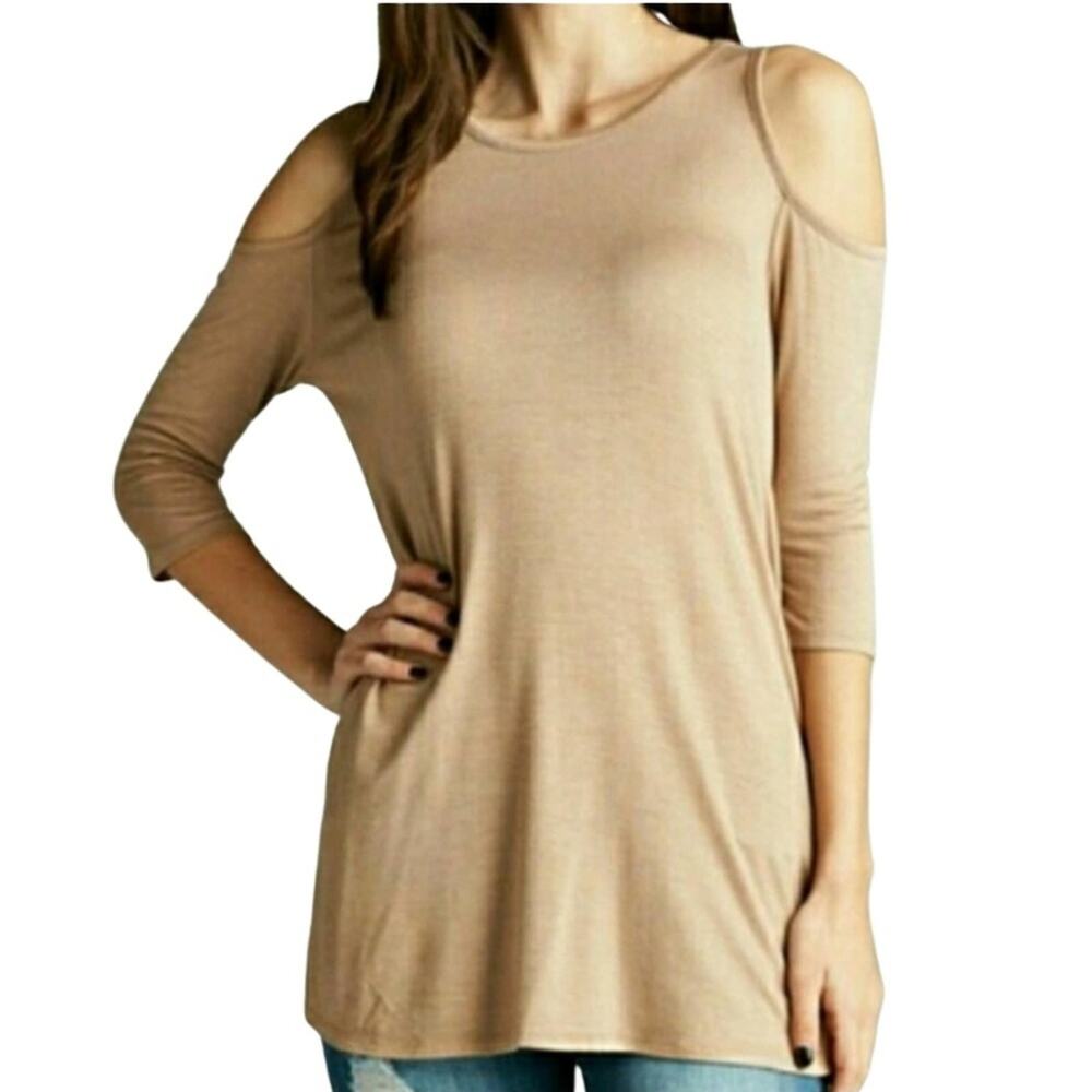FASHIONOMICS Khaki Cold Shoulder Swing Top Medium